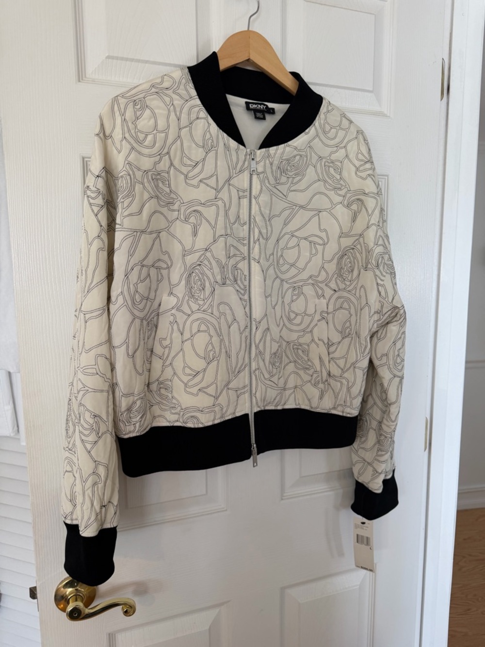 DKNYC Cream Floral-Outline Bomber Jacket with Black Trim